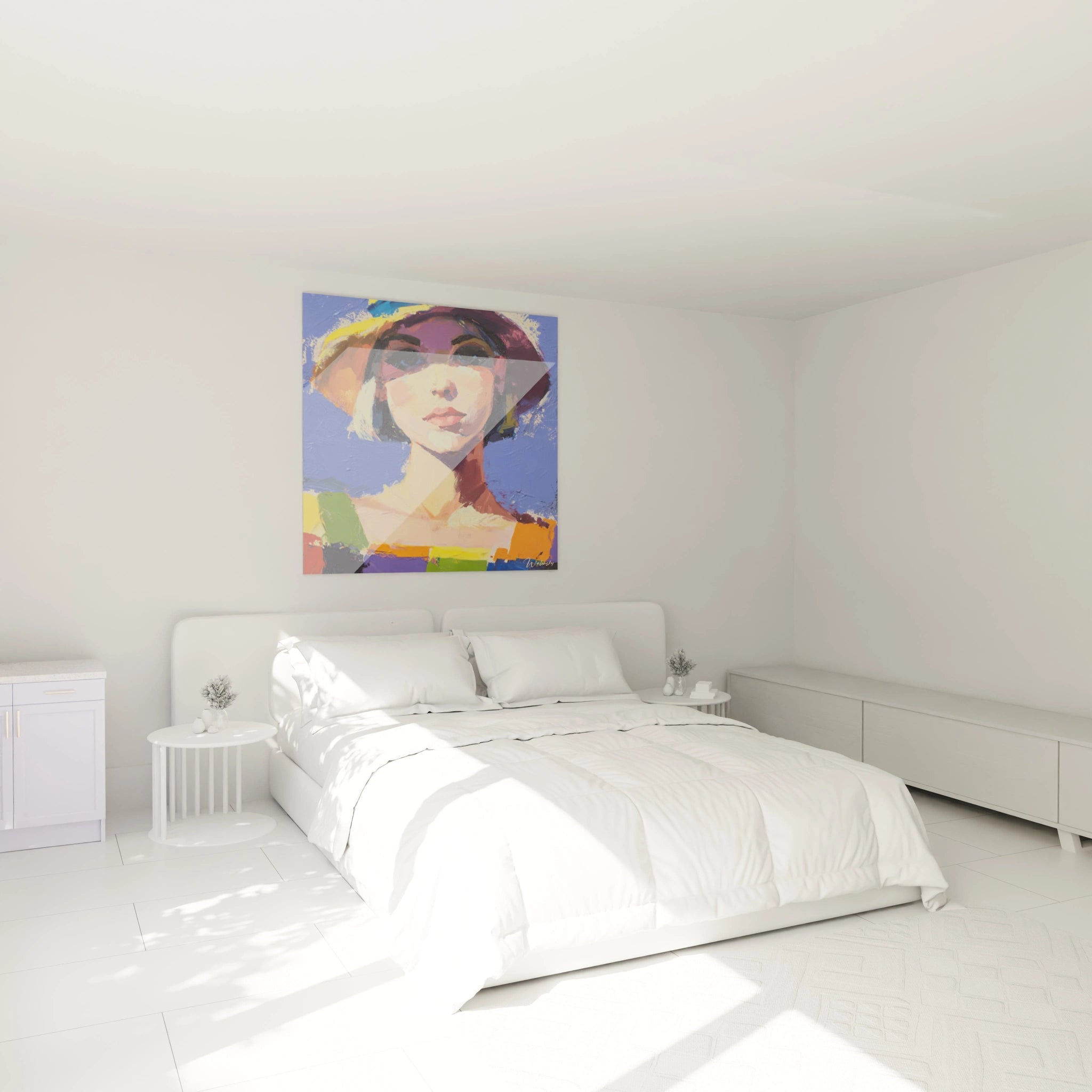 tableau portrait impressionnisme Walensky accroché au dessus d un lit blanc dans une chambre minimaliste lumineuse