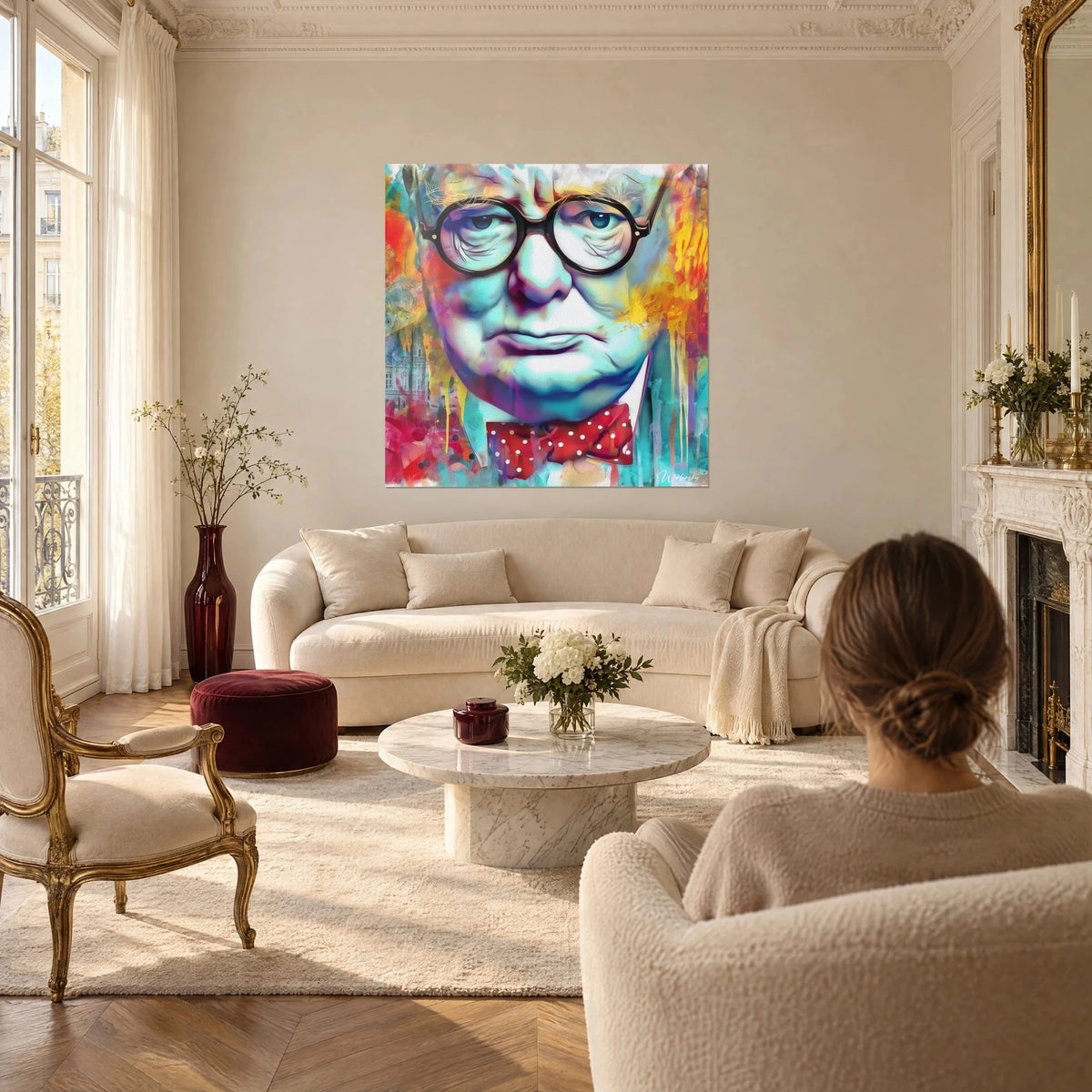 Tableau visage au nœud papillon rouge à pois blancs, turquoise et orange éclatants, au-dessus d'un canapé dans un salon lumineux