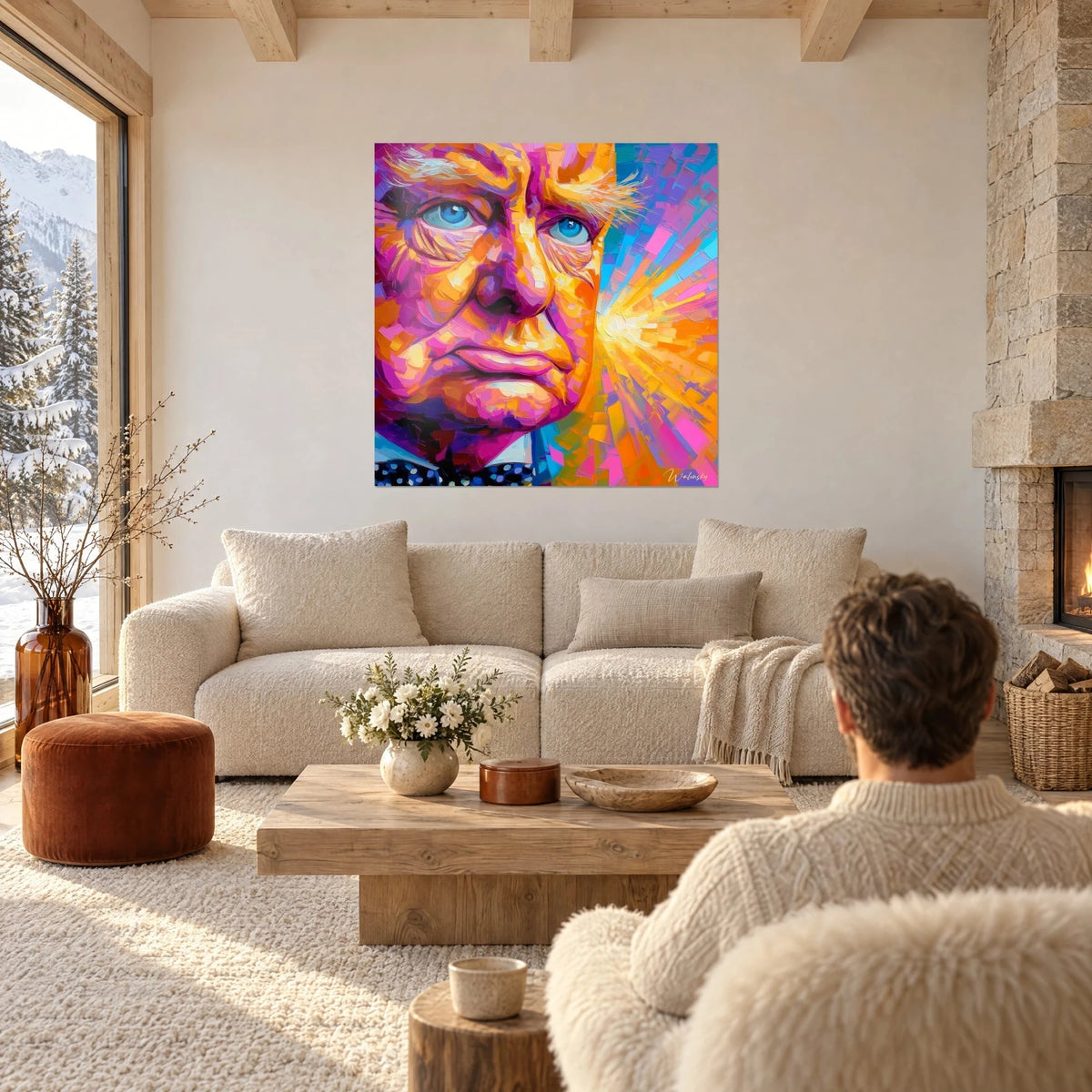 Tableau vieil homme aux yeux bleus en coups de couteau rose et orange, explosion dorée, au-dessus d'un canapé dans un salon lumineux