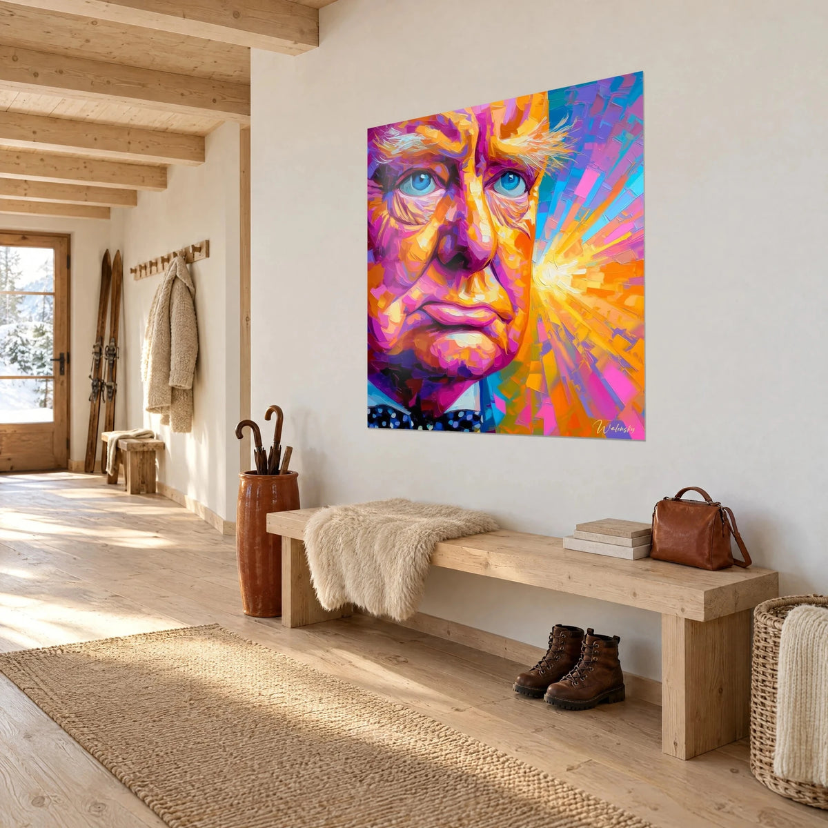 Tableau visage ridé au nœud papillon à pois, éclats magenta et turquoise, vu de trois-quarts dans une entrée en bois clair de chalet