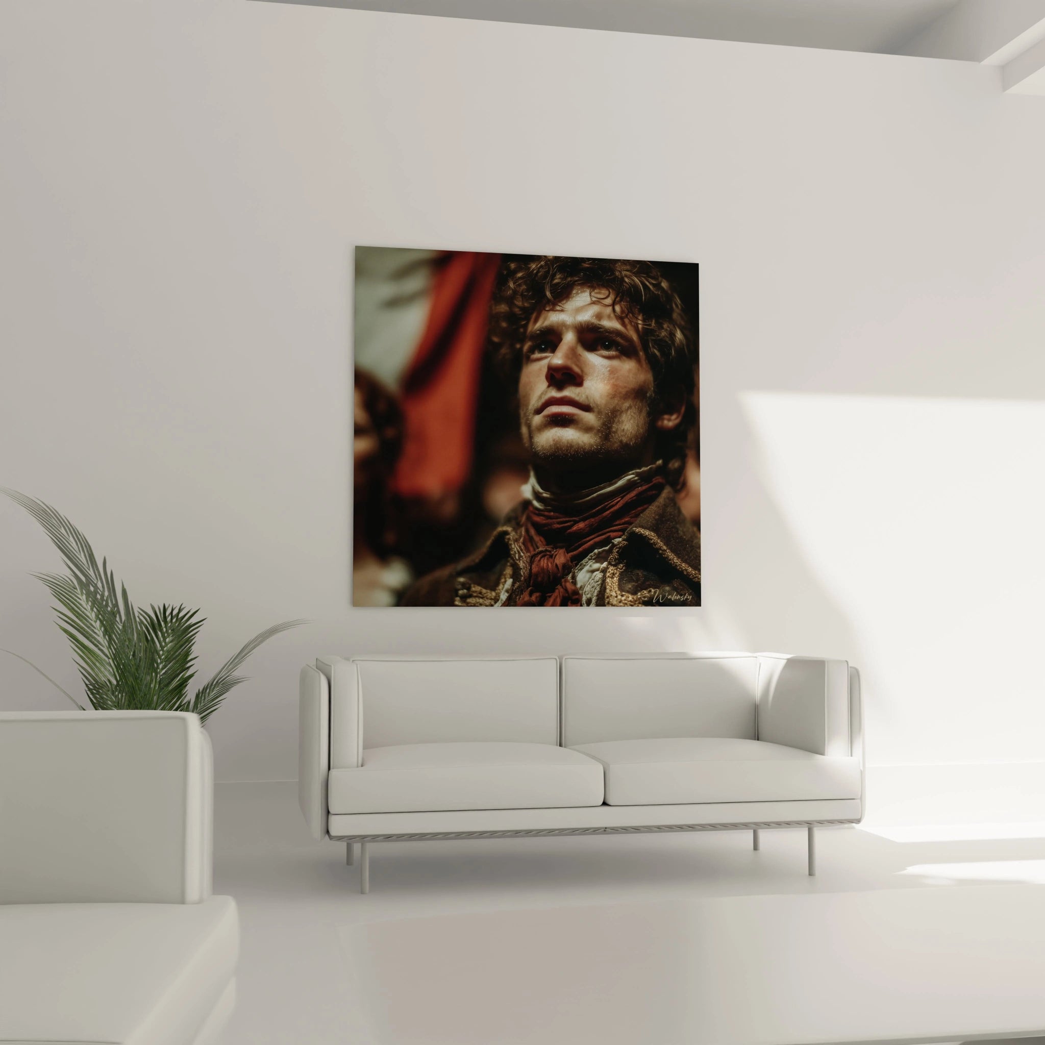 tableau portrait renaissance française Walensky affiché au mur salon minimaliste, portrait d'homme historique dramatique