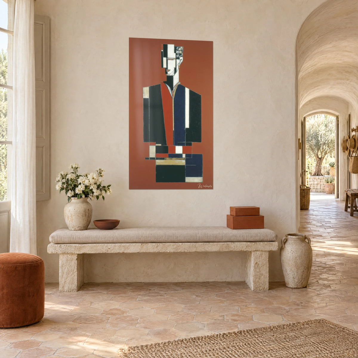 Schilderij kubistische figuur met gefragmenteerd gezicht, rode sjaal en zwart jasje op een bakstenen achtergrond, witte muur van een gewelfde Provençaalse gang