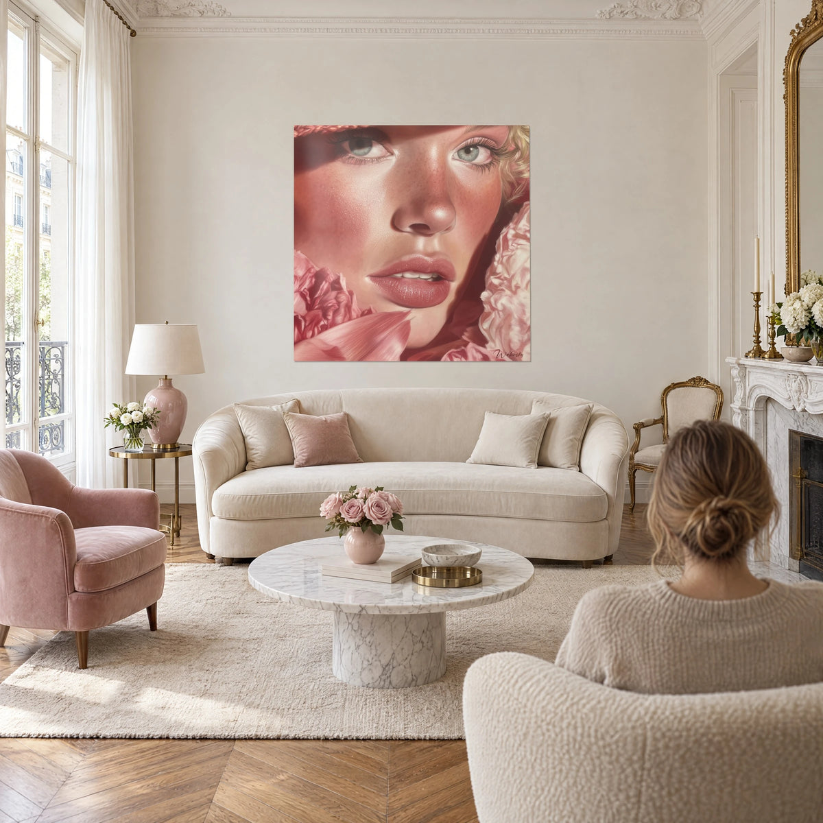 Cuadro rostro de mujer con ojos gris azulados y labios rosados, peonías empolvadas, sobre un sofá en un salón luminoso