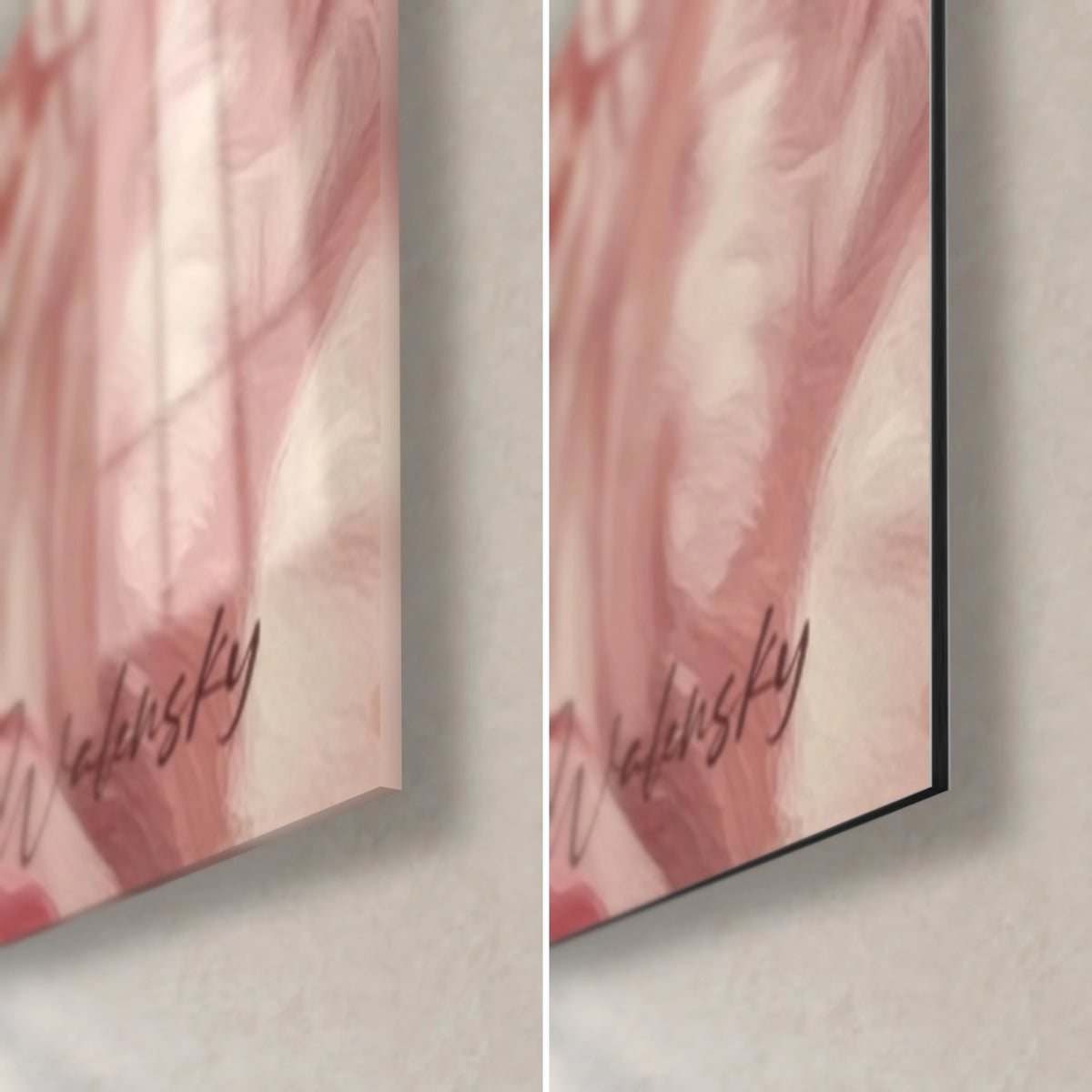 Cuadro retrato con pétalos rosa empolvado, esquina inferior derecha: cristal acrílico brillante con reflejos a la izquierda, Dibond negro mate a la derecha