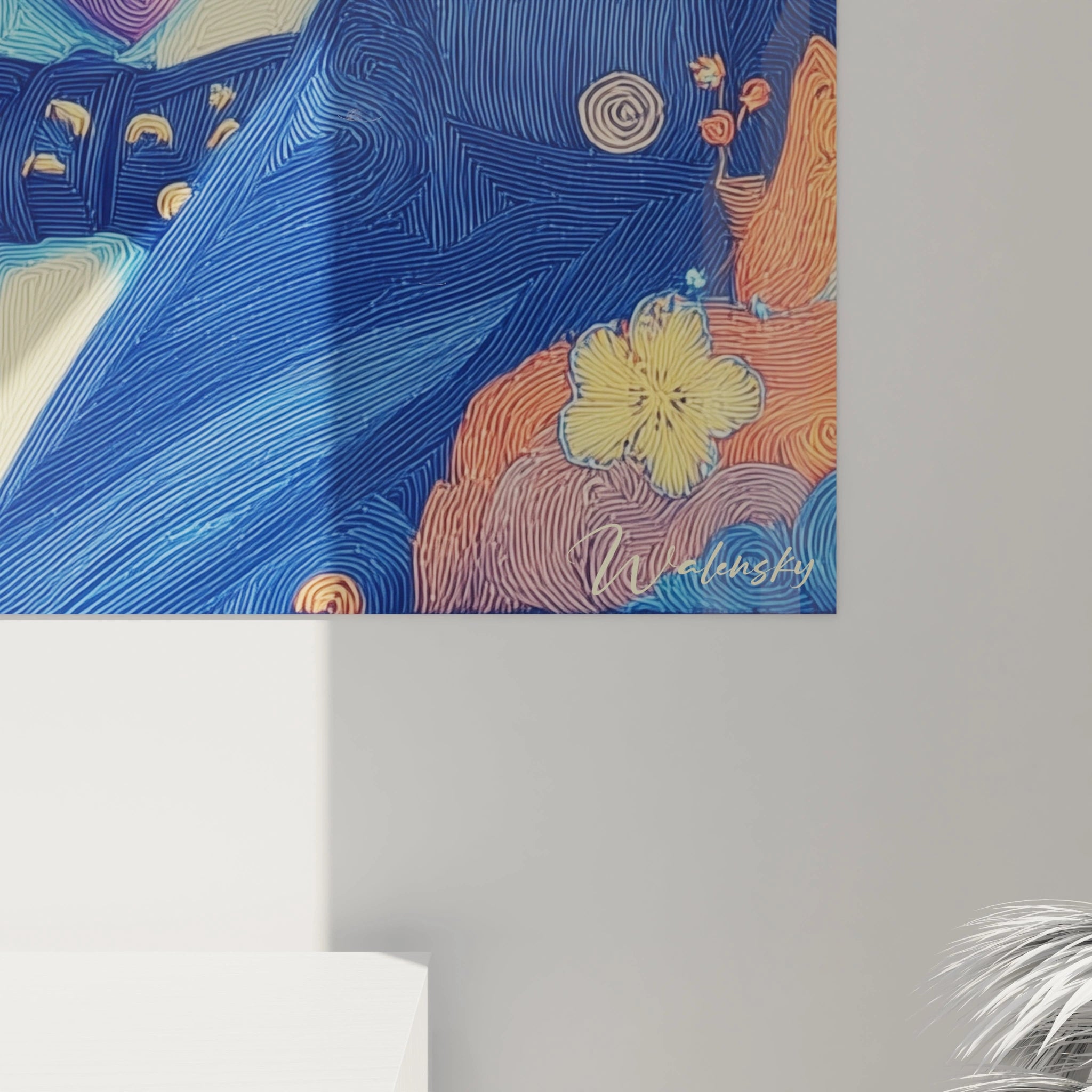 Tableau mural Walensky coloré style gravure montrant le coin du portrait stylisé avec fleurs et lignes