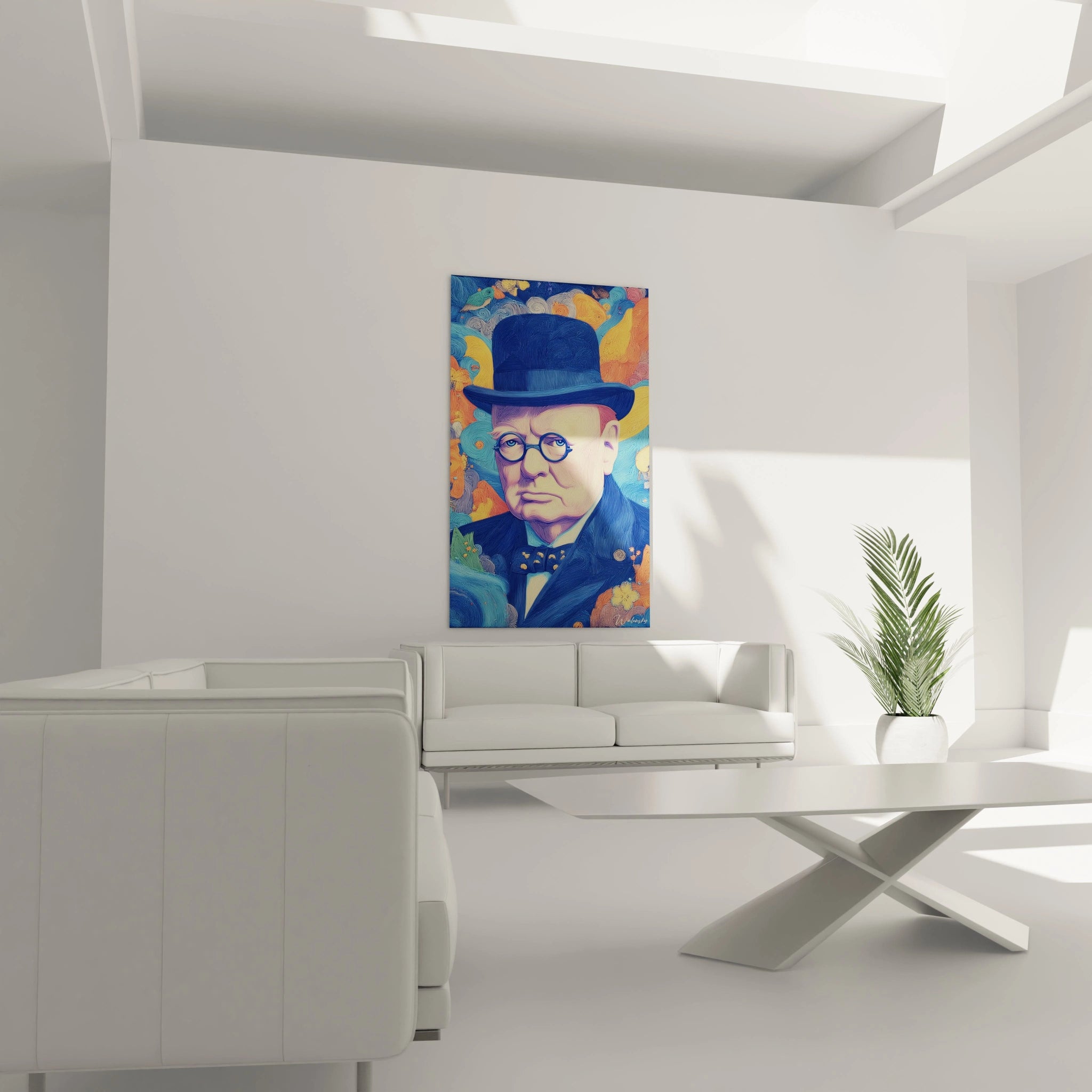 tableau portrait Winston Churchill Walensky coloré sur toile avec chapeau et lunettes dans salon moderne lumineux