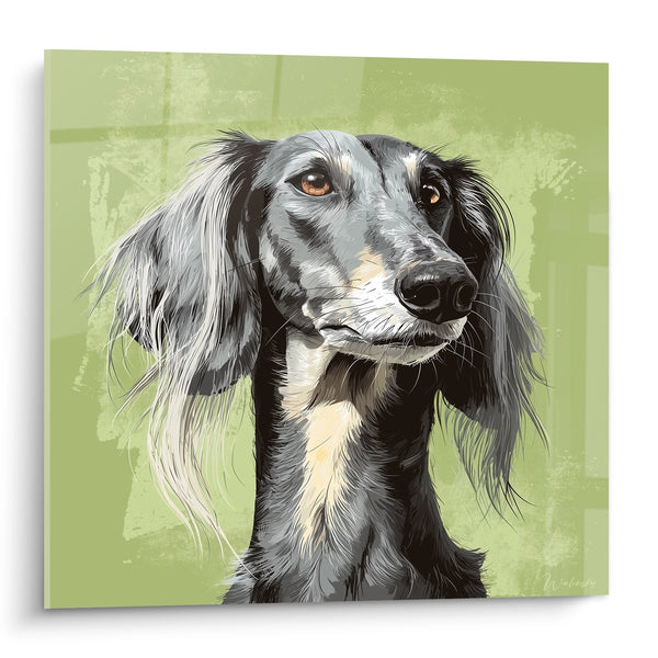 Cuadro de Lebrel Gris de Ojos Ámbar sobre Fondo Verde - Retrato Elegante - Edición Saluki