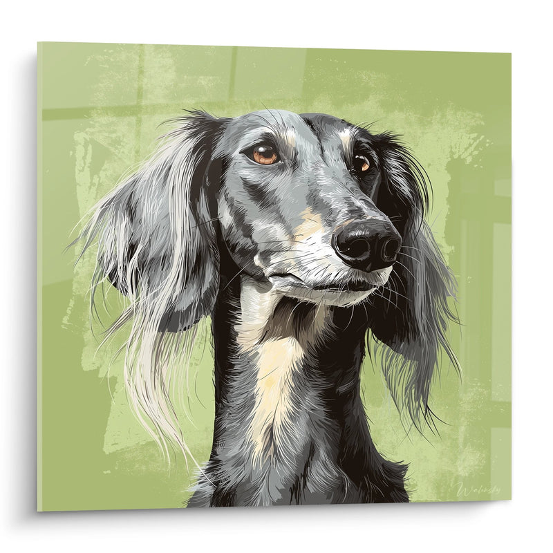 Tableau Lévrier Gris aux Yeux Ambrés sur Fond Vert - Portrait Élégant - Edition Saluki