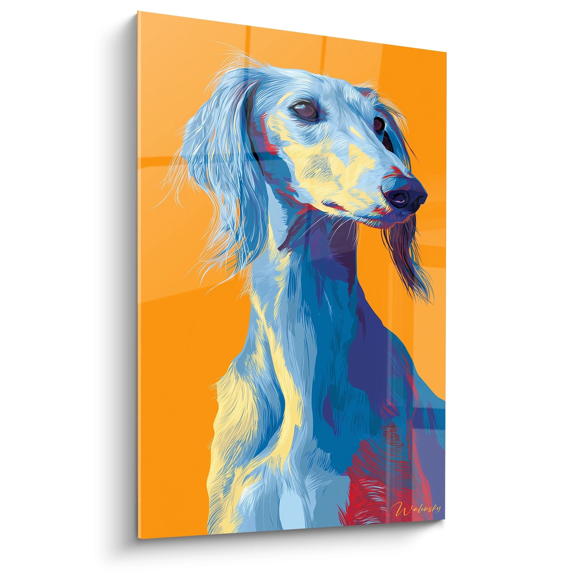 Tableau moderne portrait Saluki lévrier aux couleurs bleues et orange style contemporain artistique