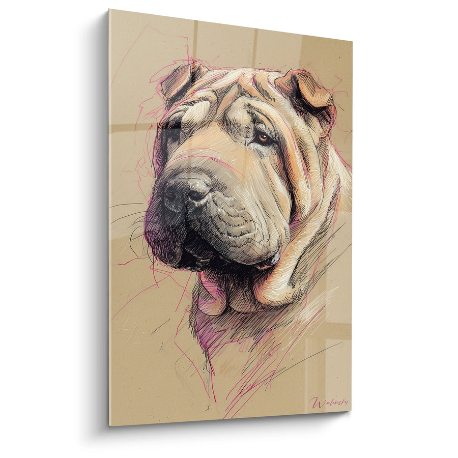 Tableau Portrait Canin Esquissé aux Tons Beiges et Roses - Regard Contemplatif - Edition Shar Pei