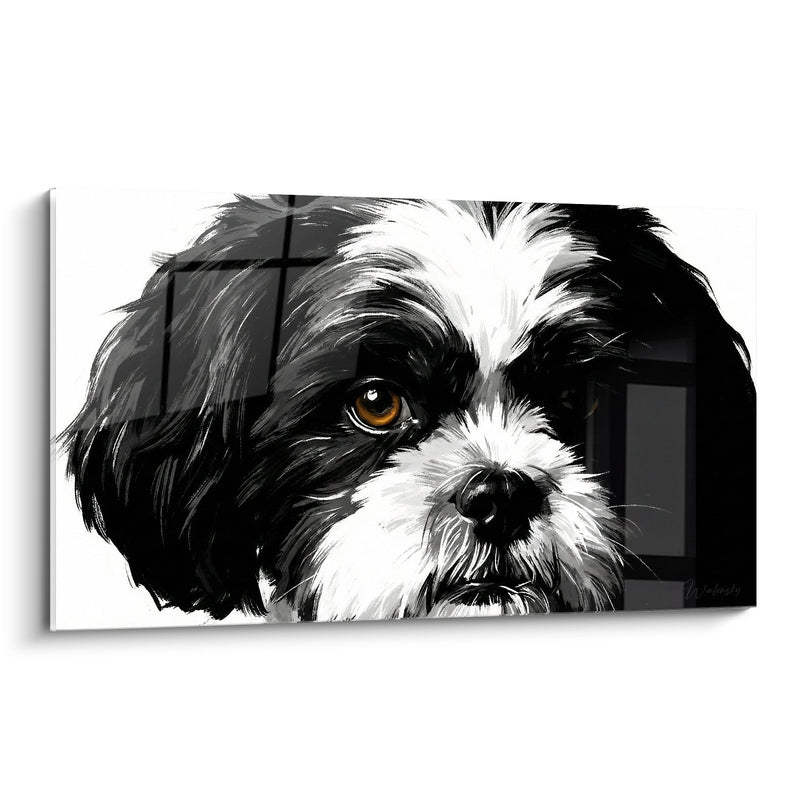 Quadro Ritratto Canino Bianco e Nero con Occhi Dorati - Sguardo Intenso - Edizione Shih Tzu