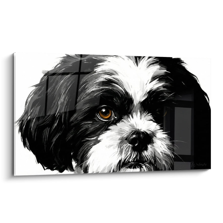 Black and White Canine Portrait Painting with Golden Eyes - Intense Gaze - Shih Tzu Edition
