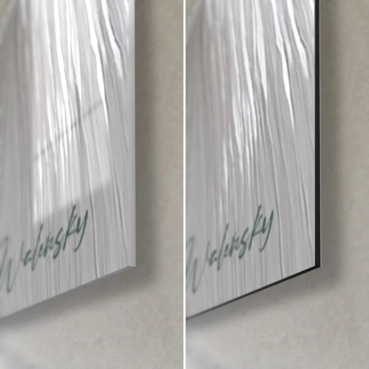 Cuadro modelo con drapeado blanco plisado, esquina inferior derecha: vidrio acrílico brillante a la izquierda, Dibond gris mate a la derecha, firma verde