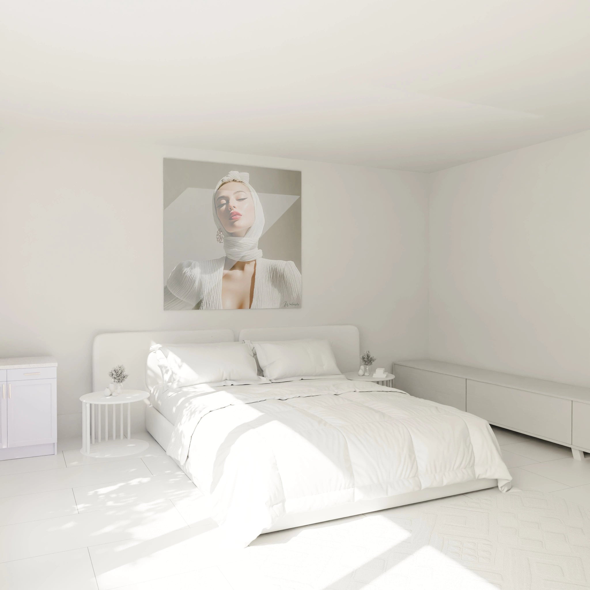 Tableau portrait femme sophistiqué dans une chambre moderne et lumineuse avec mobilier blanc