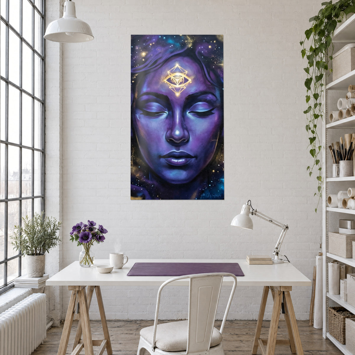 Wall art awakened face in purple and sapphire tones, luminous golden symbol on the forehead, white wall of an artist's studio