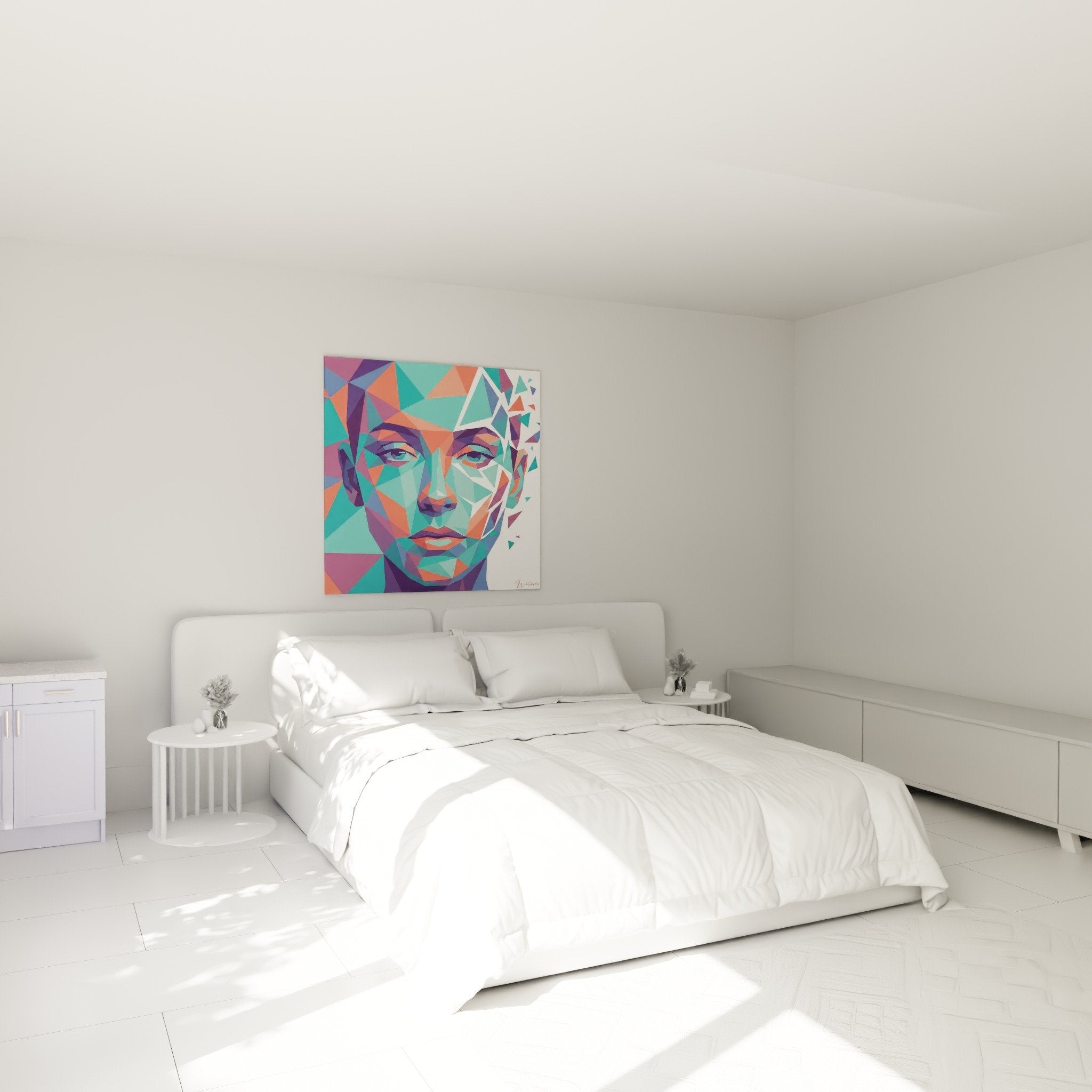Tableau portrait street art geometrique chambre decoration murale moderne turquoise corail