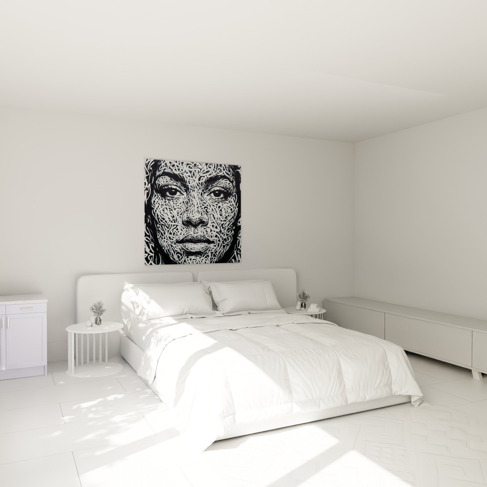 Tableau portrait street art chambre noir blanc visage feminin ornements entrelaces decoration murale