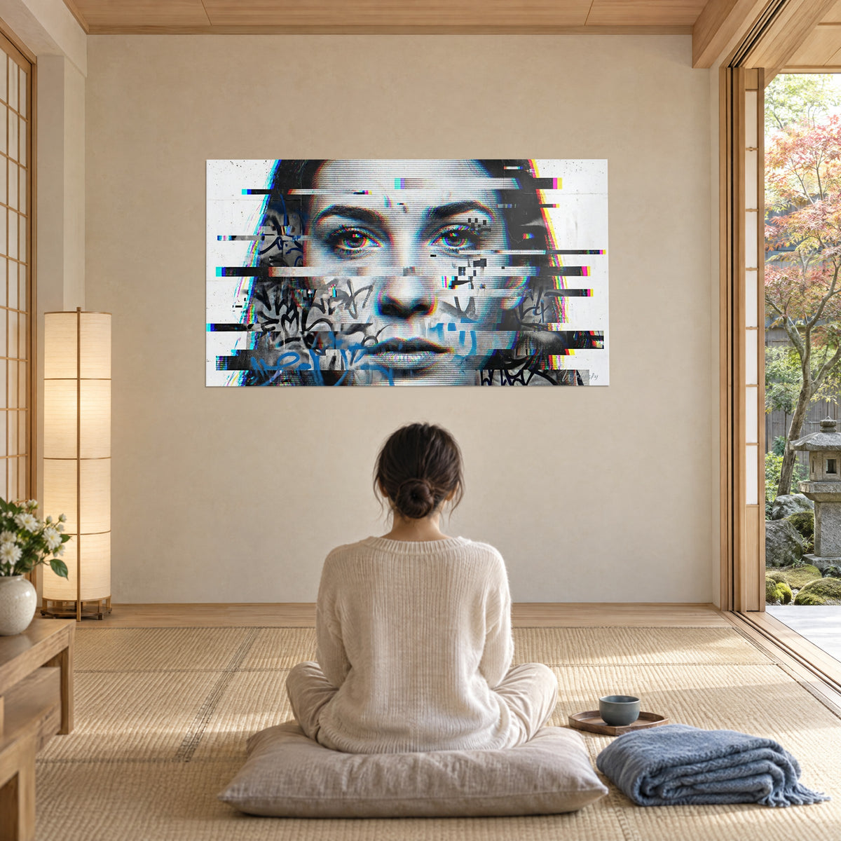 Gemälde glitchige Porträtfigur mit magentafarbenen und gelben Streifen, azurblaue Tags am Kinn, vor einer von hinten gezeigten Frau, die auf einem grauen Kissen sitzt