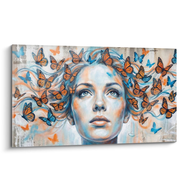 Cuadro de mujer con mariposas naranja y azul - Vuelo poético - Edición retrato Street art