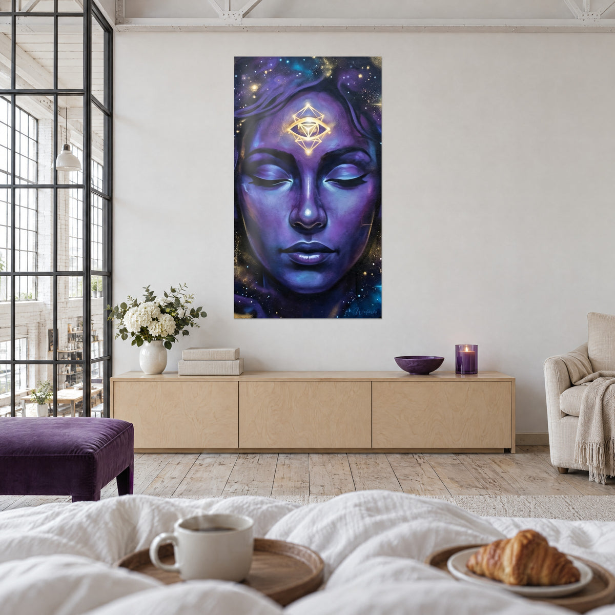 Wall art sleeping muse with amethyst skin, golden constellations on a midnight blue background, above a bed in a light bedroom