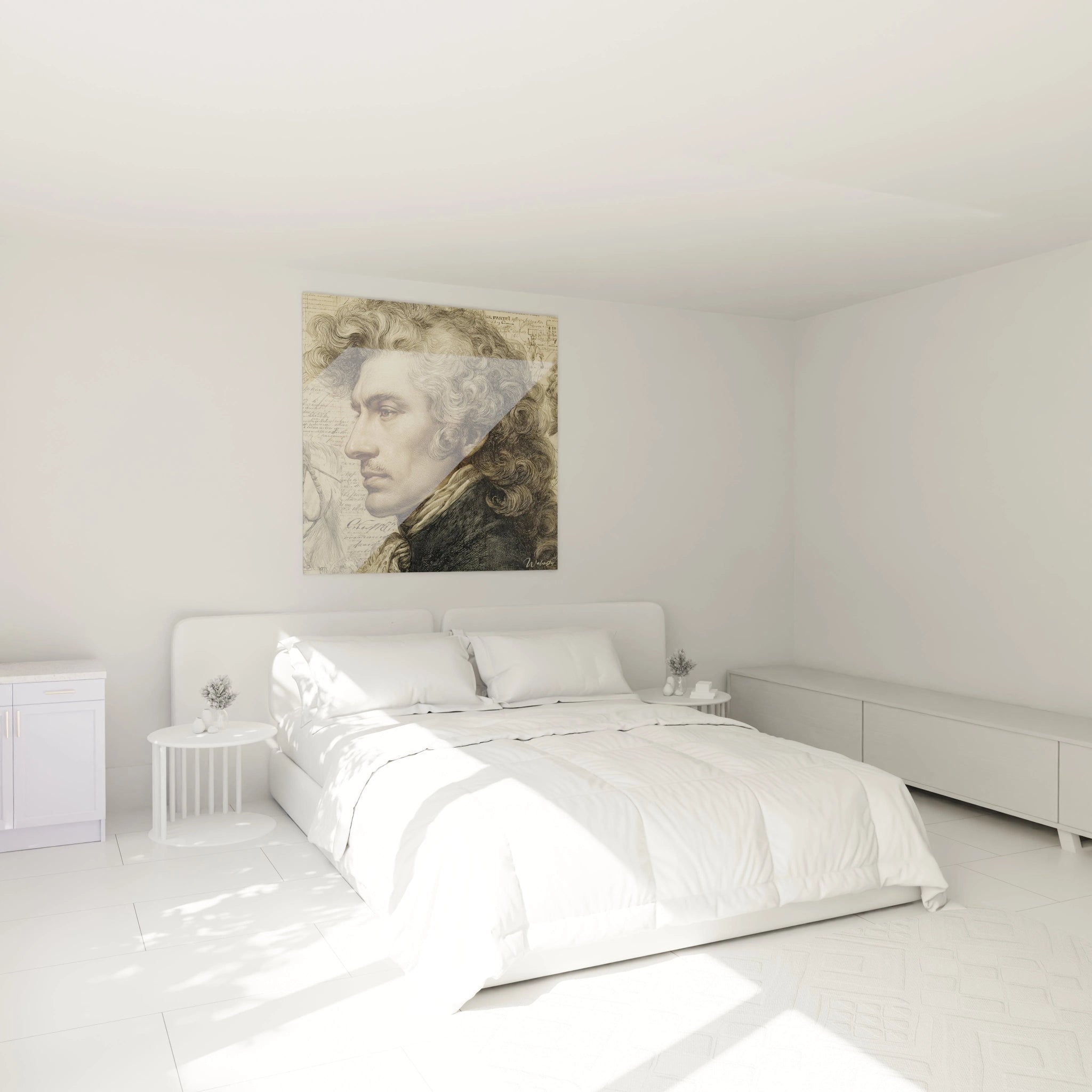 tableau portrait gravé haut de gamme Walensky accroché au dessus du lit dans une chambre blanche minimaliste