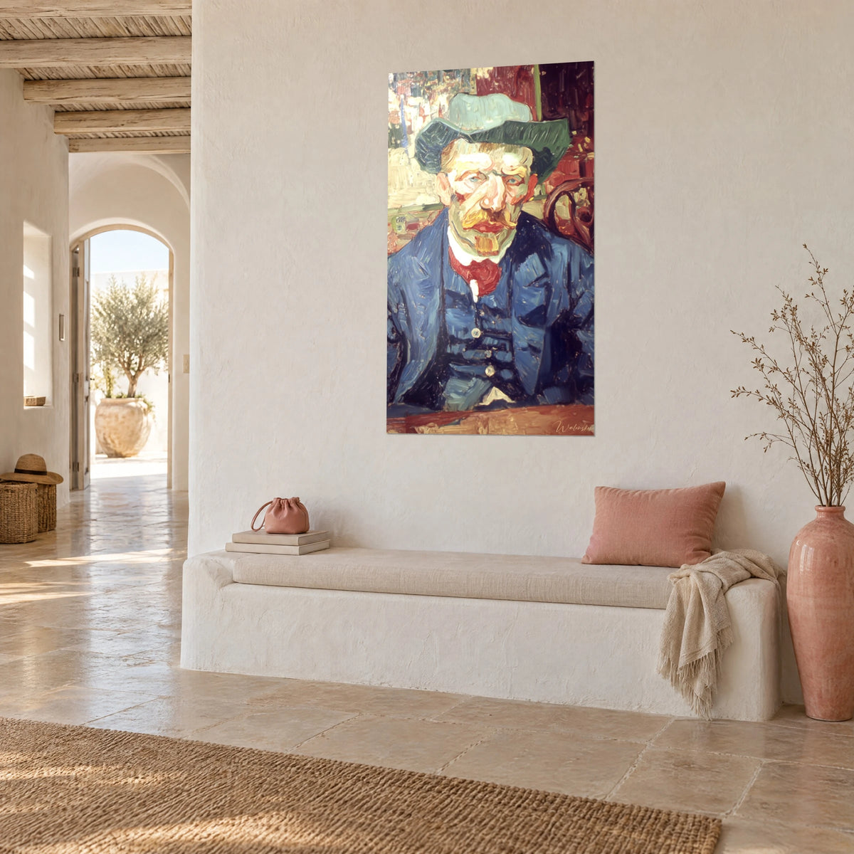 Quadro volto baffuto a pennellate spesse, cappello di feltro verde acqua e giacca indaco, su parete intonacata, panca bianca e vaso rosa