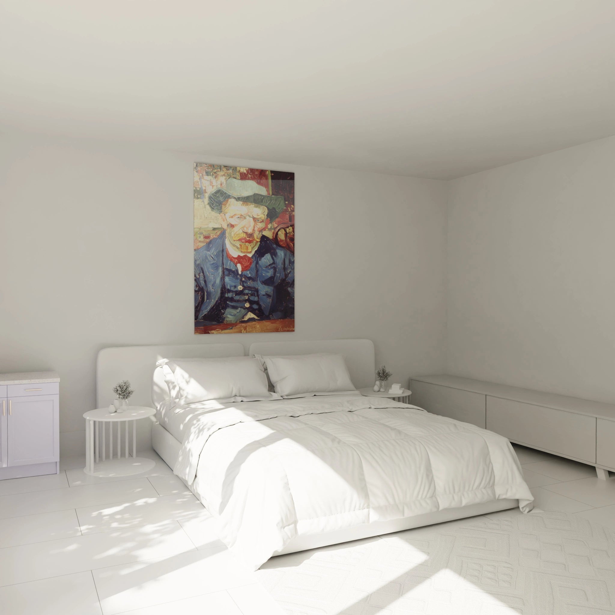Walensky tableau portrait post impressionnisme accroché au dessus de un lit blanc dans une chambre minimaliste et lumineuse