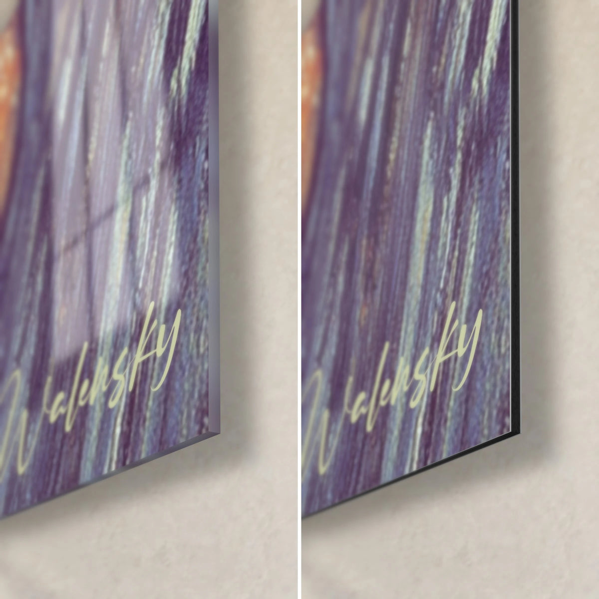 Tableau femme au chapeau bleu, coin bas droit : verre acrylique brillant à gauche, Dibond mat violet à droite, tranche de 3 mm