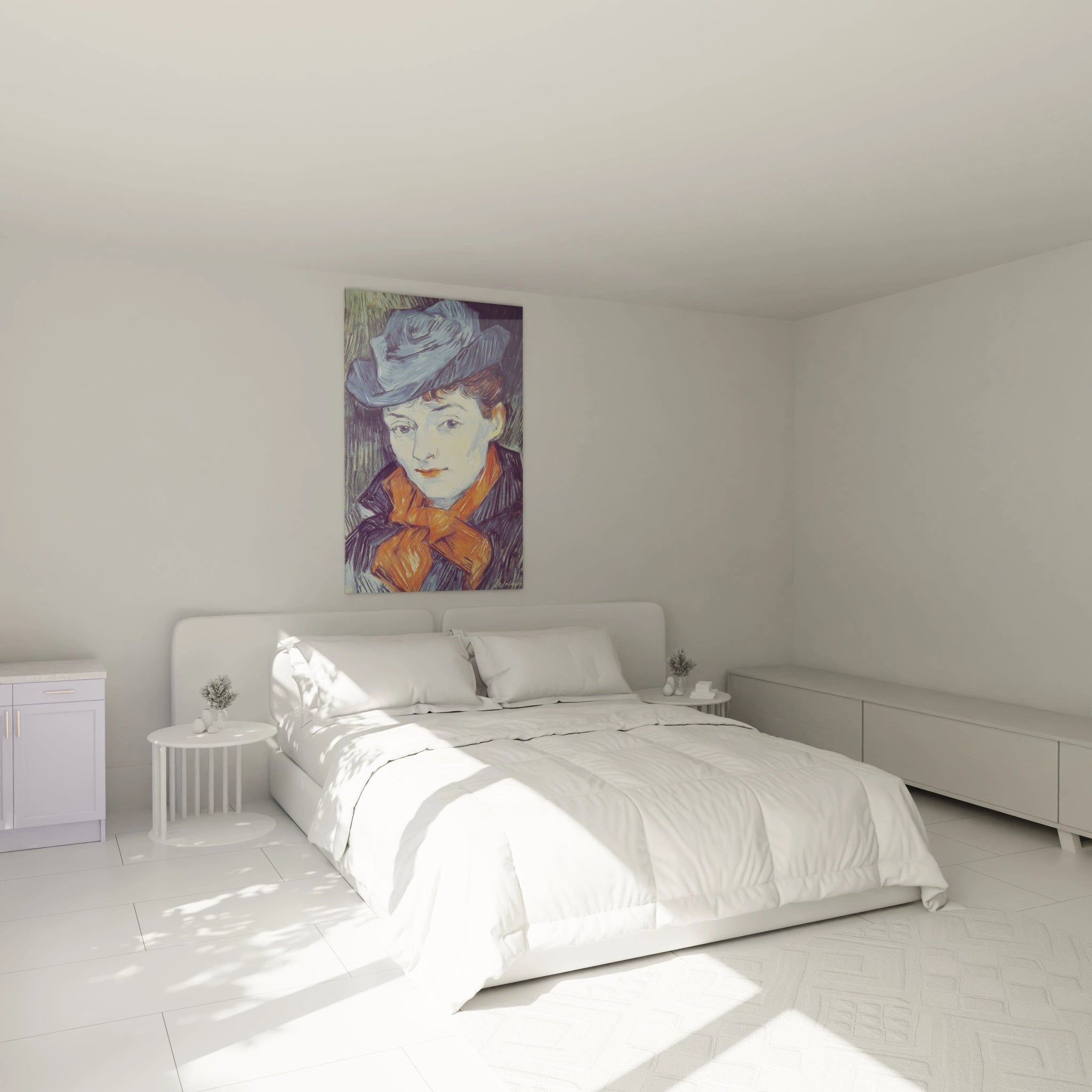 Walensky tableau mural affiché au-dessus d'un lit blanc minimaliste, tableau portrait post impressionnisme