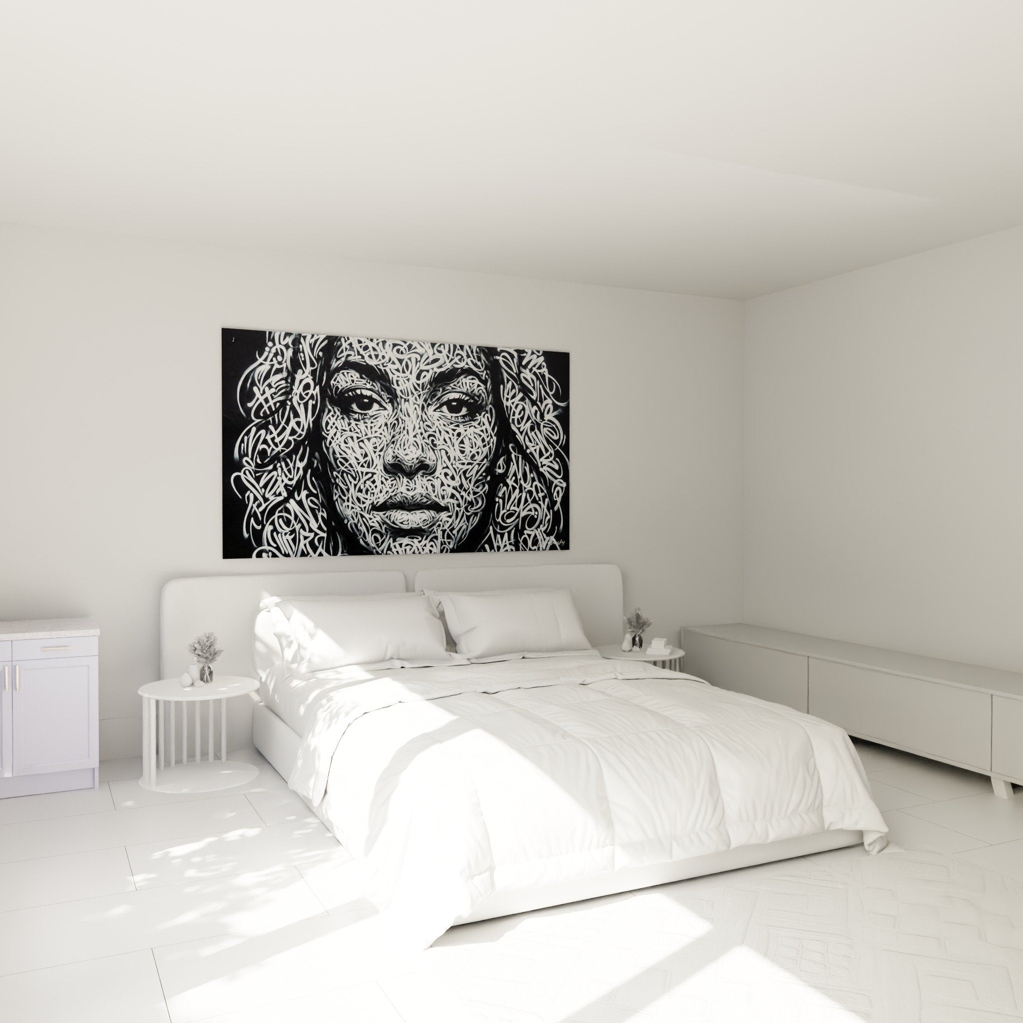 Tableau portrait calligraphique noir blanc decoration murale chambre moderne style urbain contemporain