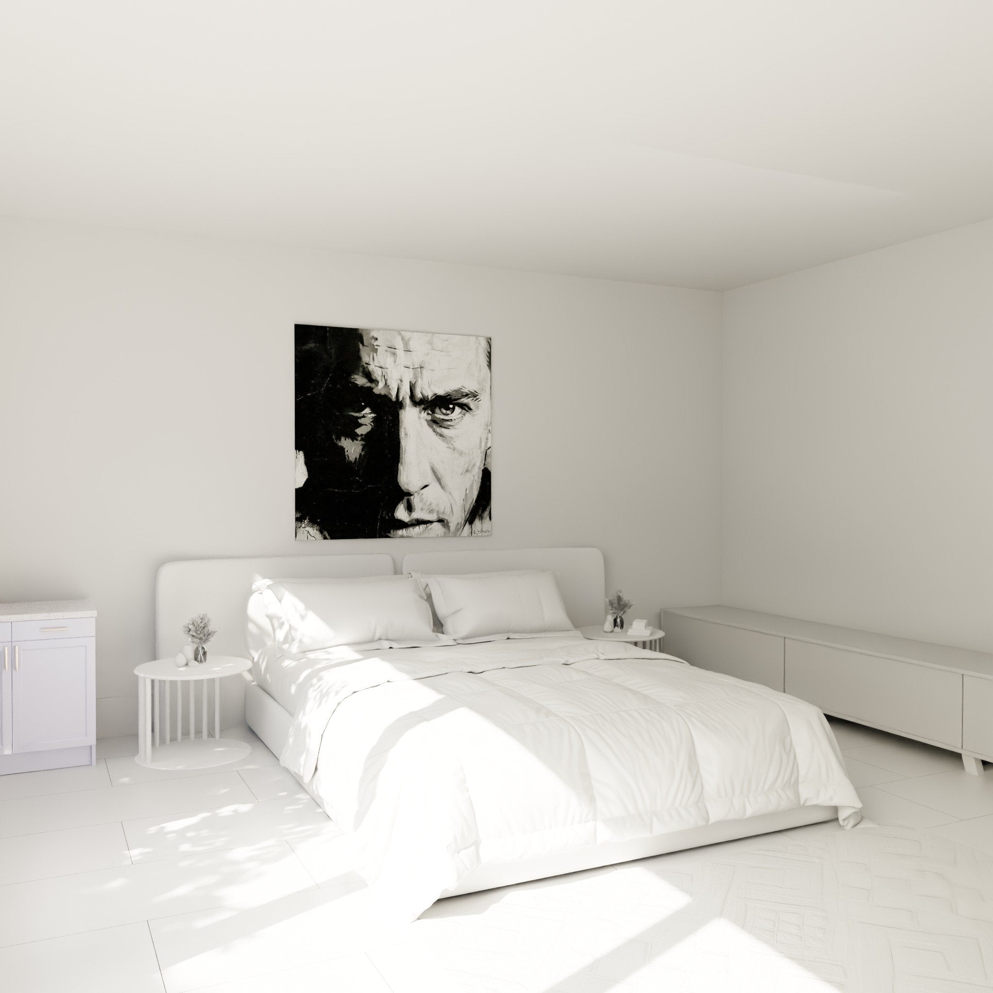 Tableau portrait urbain monochrome décorant chambre moderne murs blancs