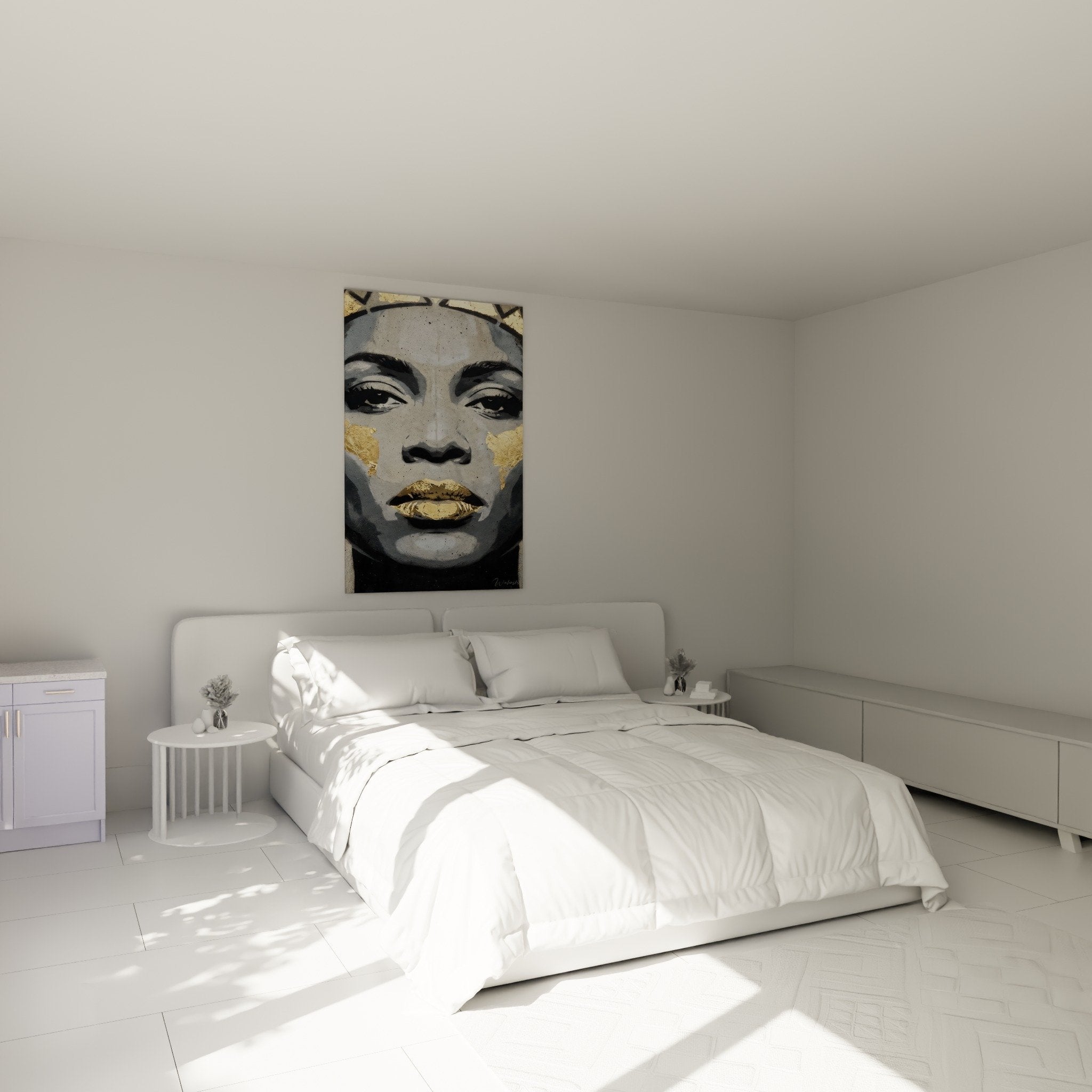 Tableau portrait street art feminin accents dores ambiance chambre moderne decoration murale elegante