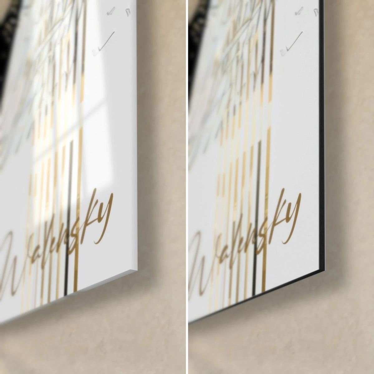 Quadro uomo con profilo abbassato, angolo in basso a destra in vetro lucido riflettente e alluminio Dibond opaco, spessore 3 mm, firma dorata Walensky