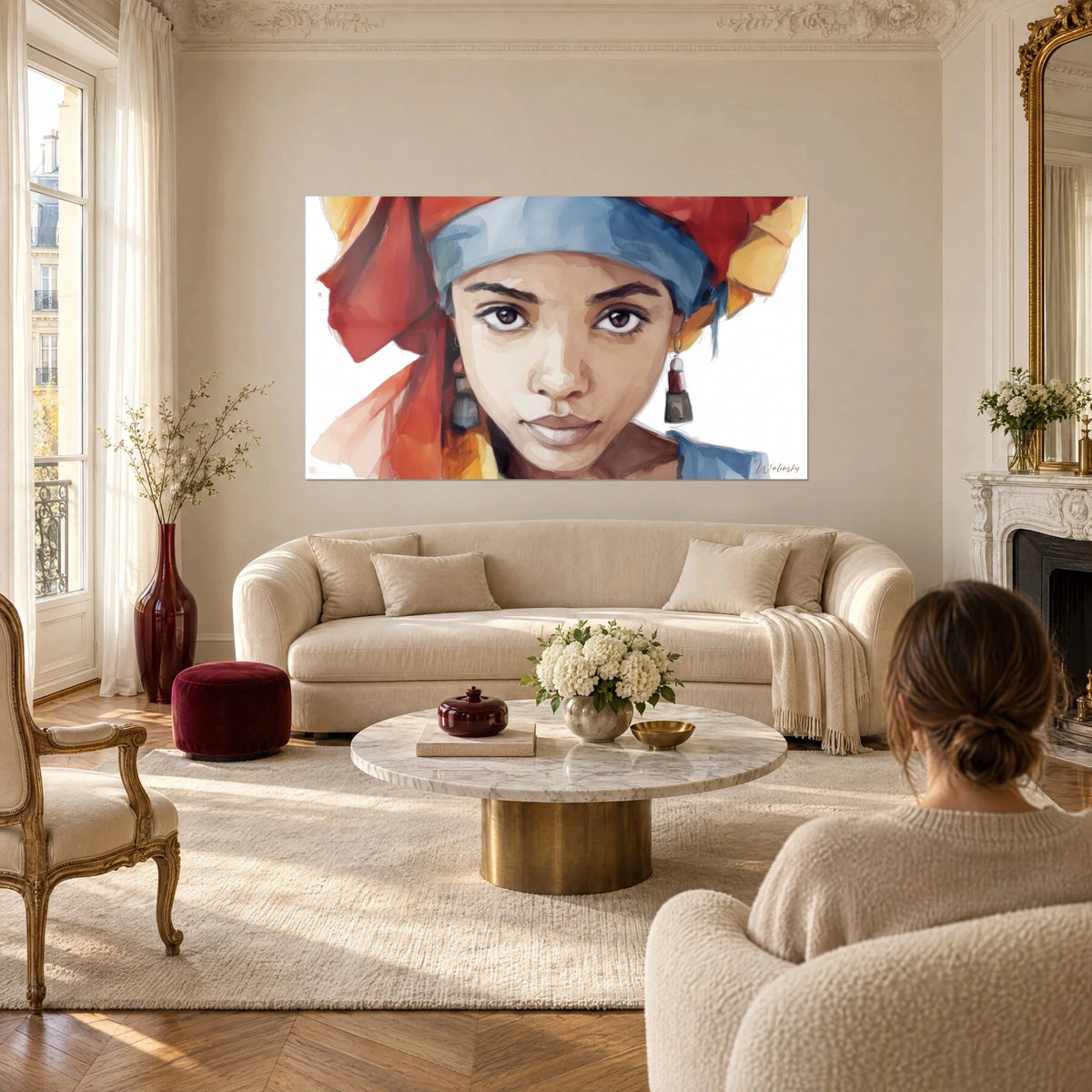 Gemälde einer jungen Frau mit intensiv braunem Blick, rotem Halstuch und blauem Stirnband, über einem Sofa in einem hellen Wohnzimmer