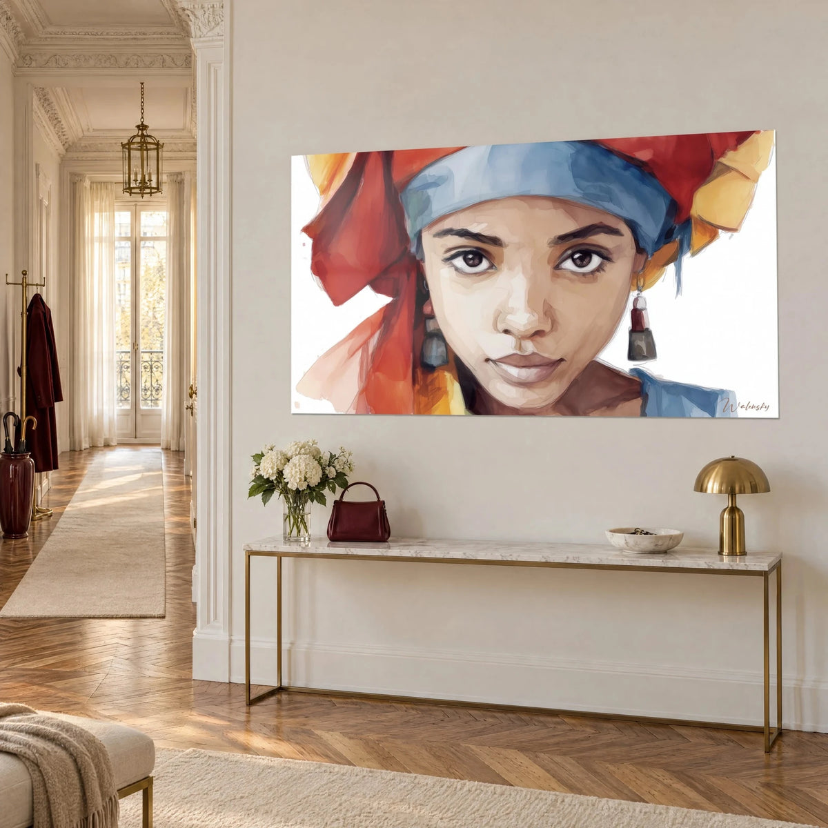 Gemälde eines afrikanischen Gesichts in Aquarell mit baumelnden Ohrringen, rot-gelbem Turban, an einer Wand eines Haussmann-Flurs