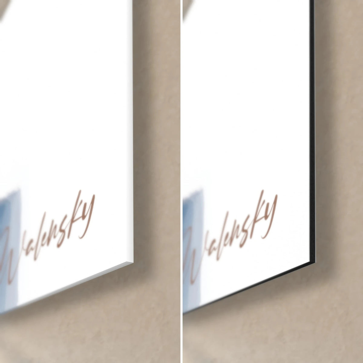 Gemälde eines weiblichen Porträts in Aquarell, Ecke unten rechts: glänzendes Acrylglas links, mattweißes Alu-Dibond und Kante rechts