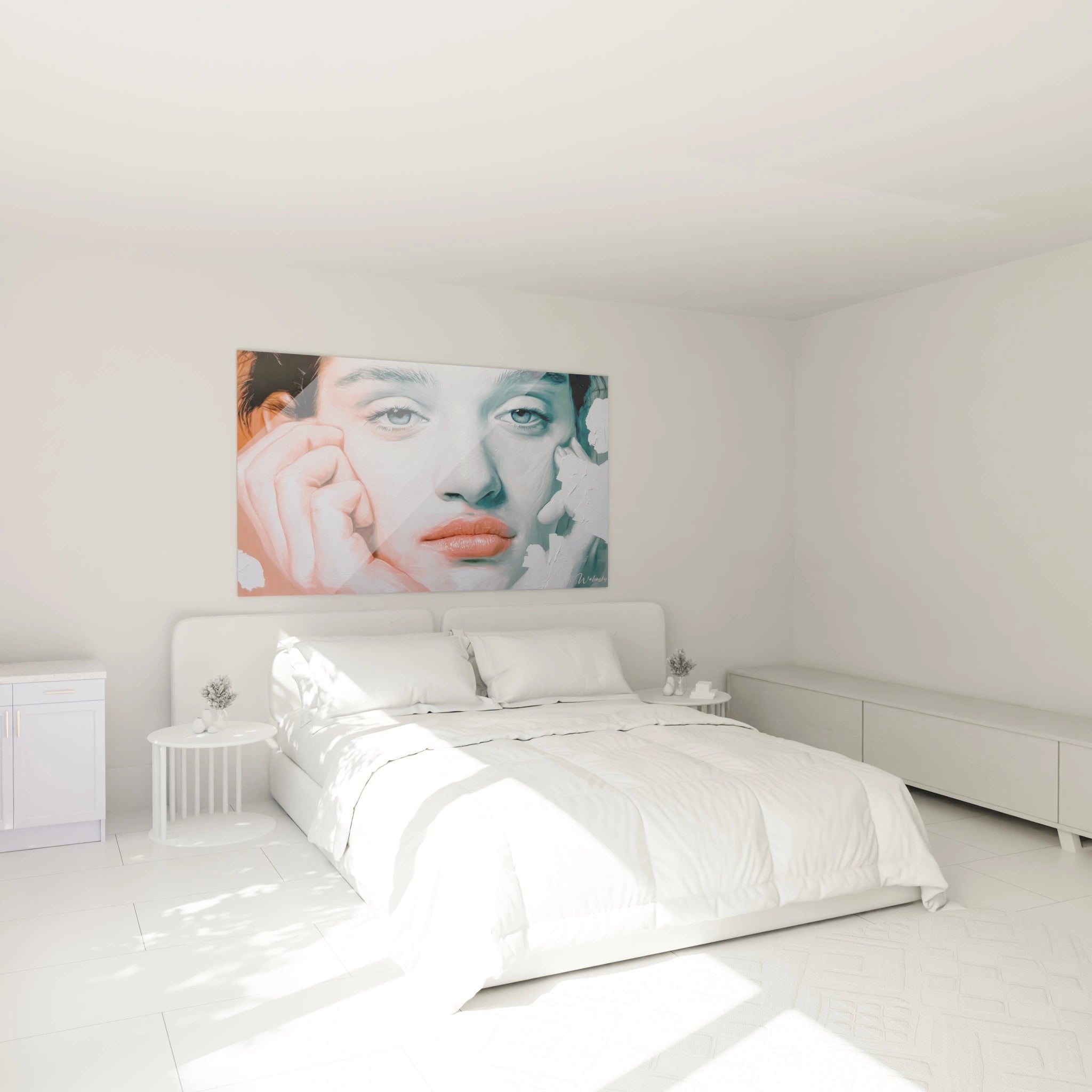 Tableau mural Walensky tableau portrait yeux océan grand portrait féminin aux tons pastel au dessus du lit blanc minimaliste