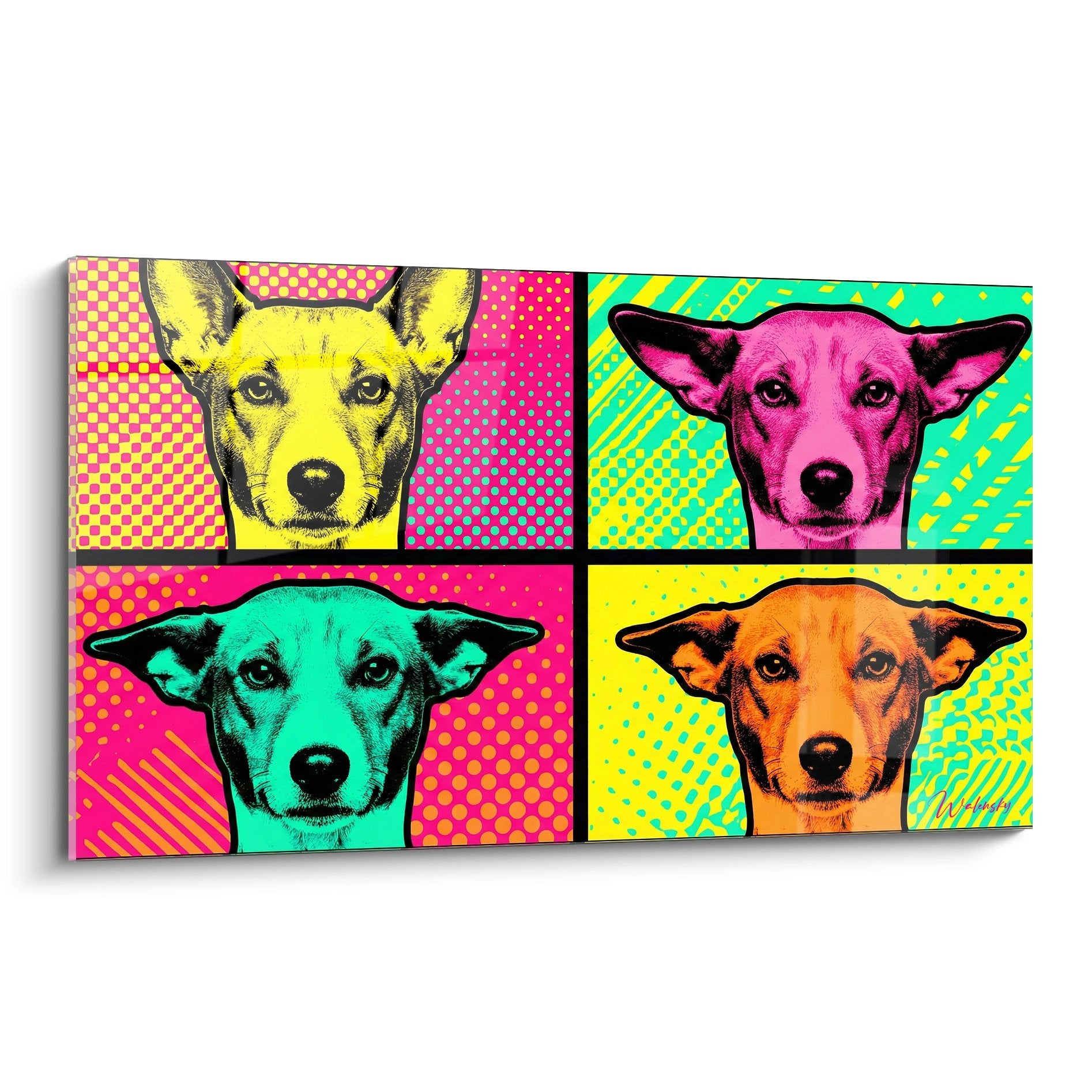 Tableau pop art quatre portraits chiens colorés jaune rose turquoise orange motifs géométriques