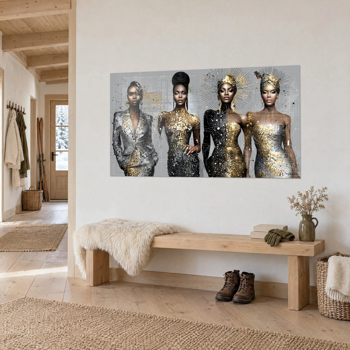 Wall art digital goddesses in pixelated gold and silver outfits, radiant halos, on a cream wall, wooden bench and chalet