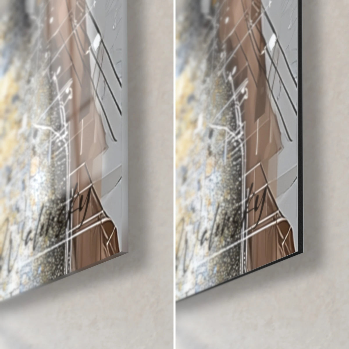 Wall art pixelated female portrait in gold and black, bottom right corner: glossy acrylic on the left, matte Dibond on the right, 3 mm edge