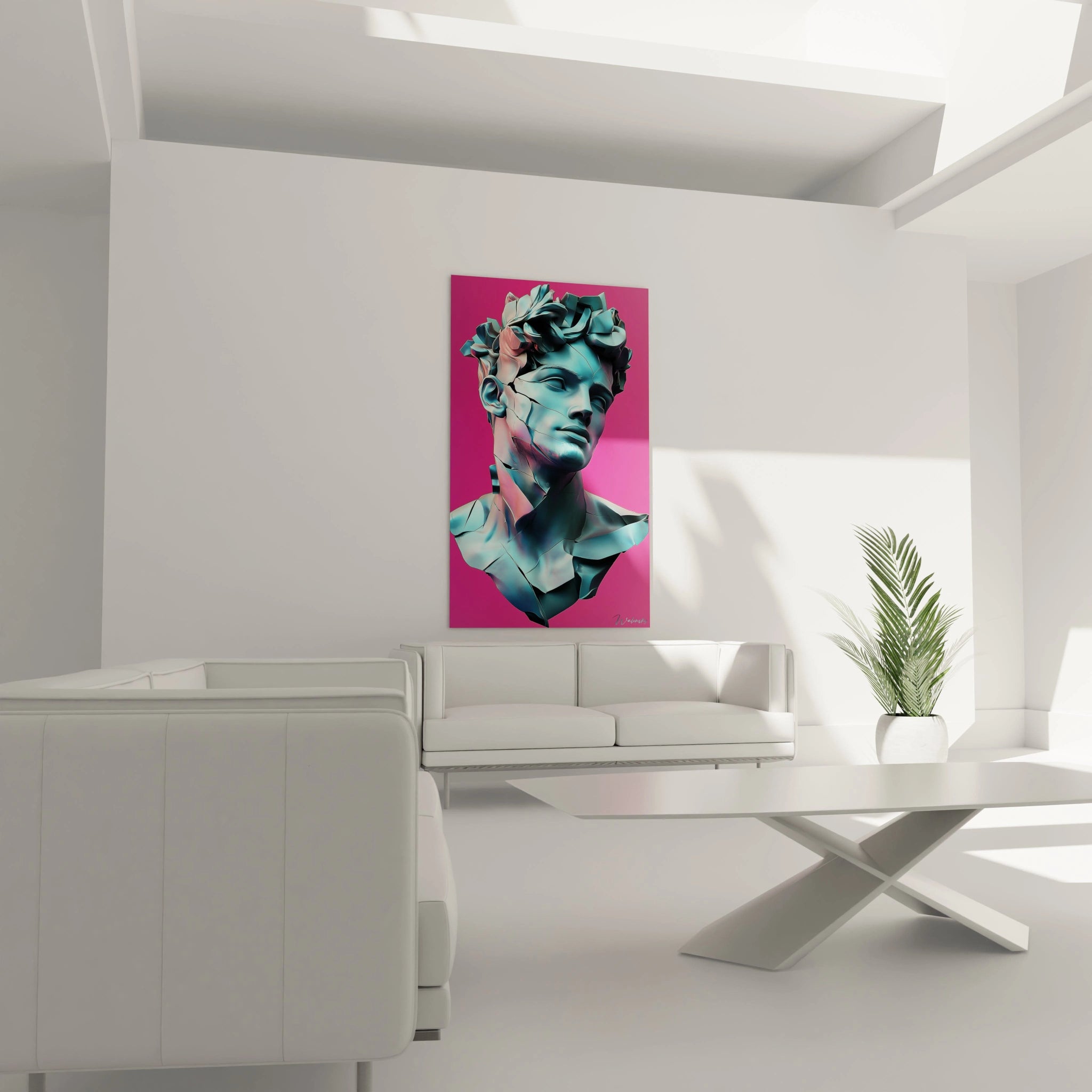 Un tableau statue néoclassique déconstruit représentant un buste masculin fragmenté aux teintes turquoise iridescentes et touches roses, avec une surface texturée suggérant le marbre fissuré, se détachant dramatiquement sur un fond fuchsia.

