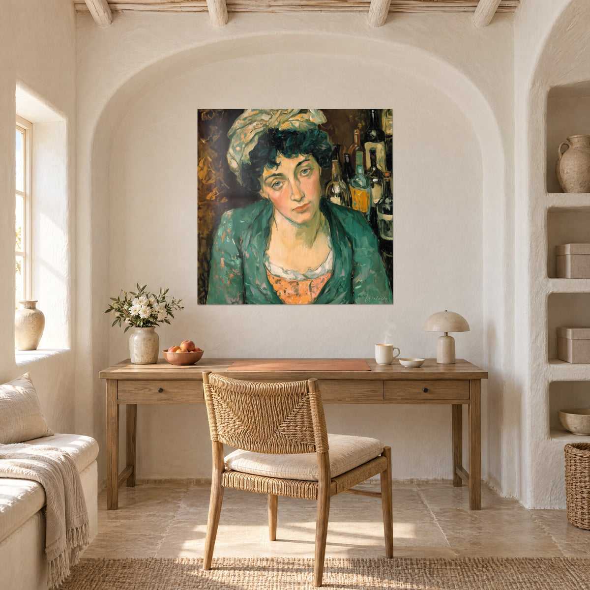 Tableau jeune femme aux cheveux sombres bouclés et col de dentelle blanche, fond brun doré, au-dessus d'un bureau en bois clair