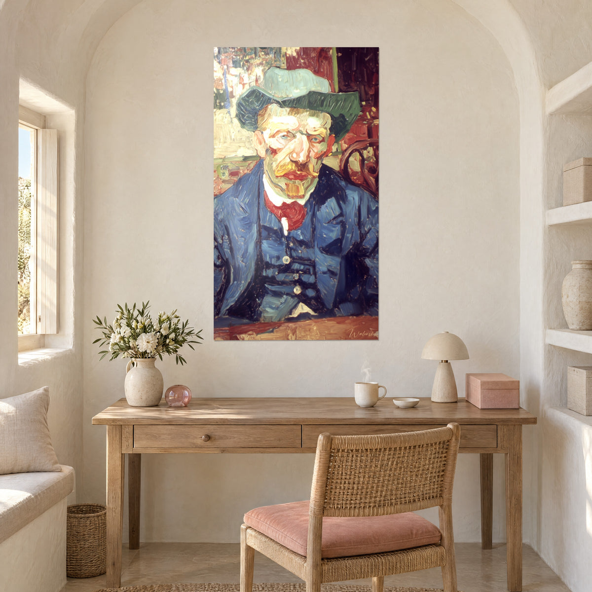 Quadro contadino con baffi rossi, cappello verde e giacca blu dipinti a pennellate spesse, sopra una scrivania in legno chiaro