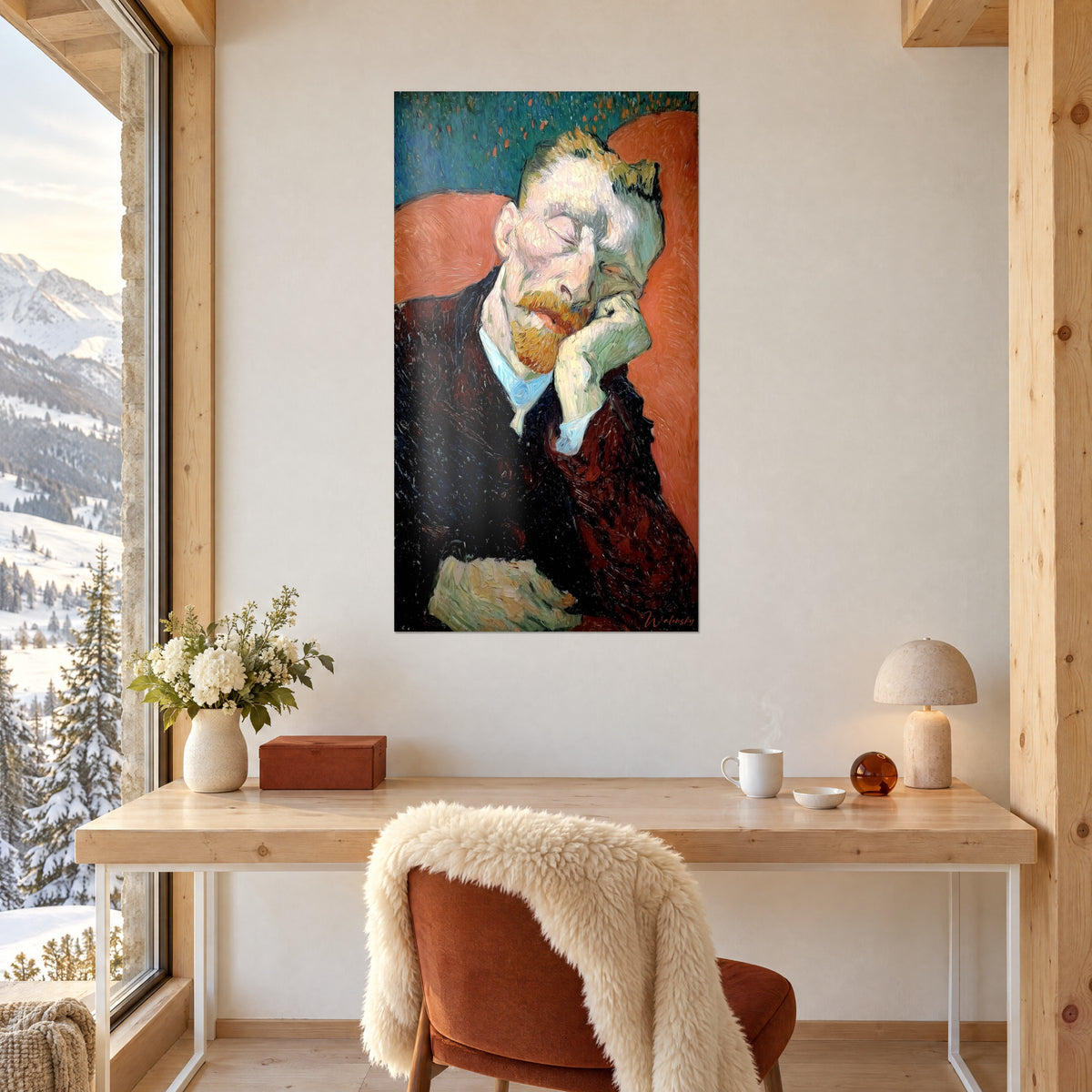 Tableau figure endormie en peinture à l'huile, cheveux blond doré, fond bleu canard et orange, au mur d'un bureau en bois clair