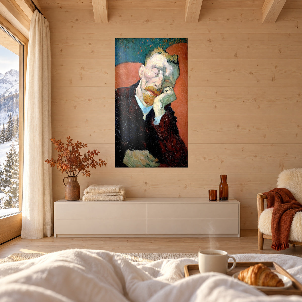 Tableau visage assoupi au col bleu ciel, fauteuil terracotta et fond vert sapin, accroché au-dessus d'un lit dans une chambre claire
