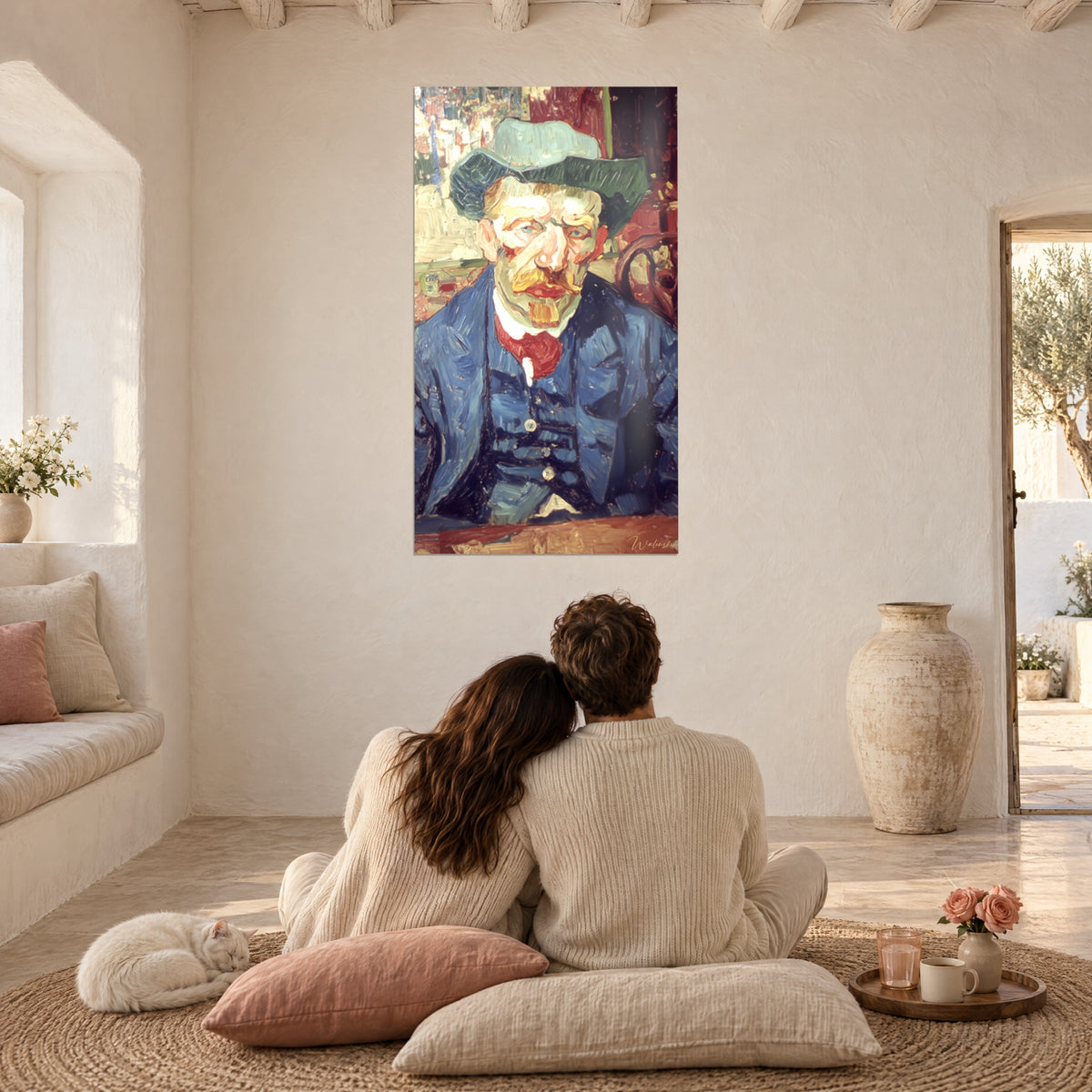 Quadro ritratto espressivo di un uomo con barba arancio, cappello verde e blazer blu, su parete bianca, con un gatto in basso