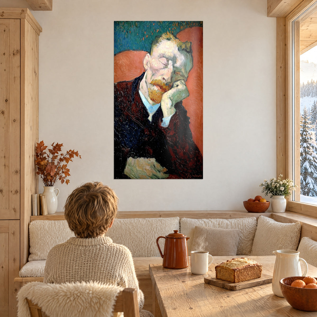 Tableau rêveur la tête posée sur sa main verdâtre, manteau pourpre et empâtements vibrants, dans le coin repas d'un chalet