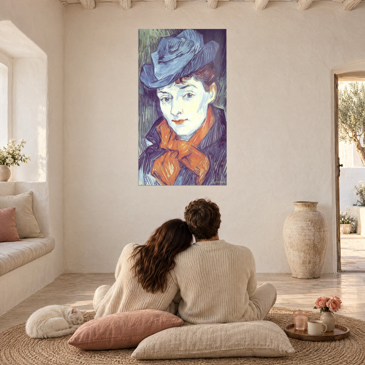 Tableau figure féminine au col sombre, foulard orange, chapeau bleu poudré, couple sur coussins roses et chat dans un salon clair
