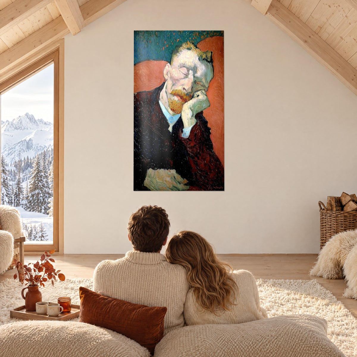 Tableau portrait mélancolique d'un dormeur barbu, rouge brique et turquoise profond, face à un couple de dos devant la baie vitrée