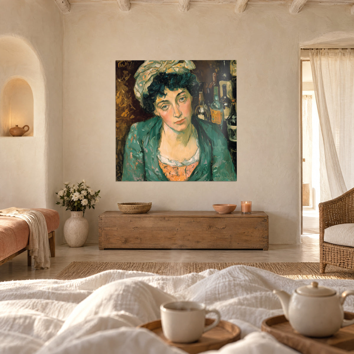 Tableau visage songeur coiffé d'un foulard ivoire, camaïeu de verts et d'ocres, au-dessus d'un lit dans une chambre claire